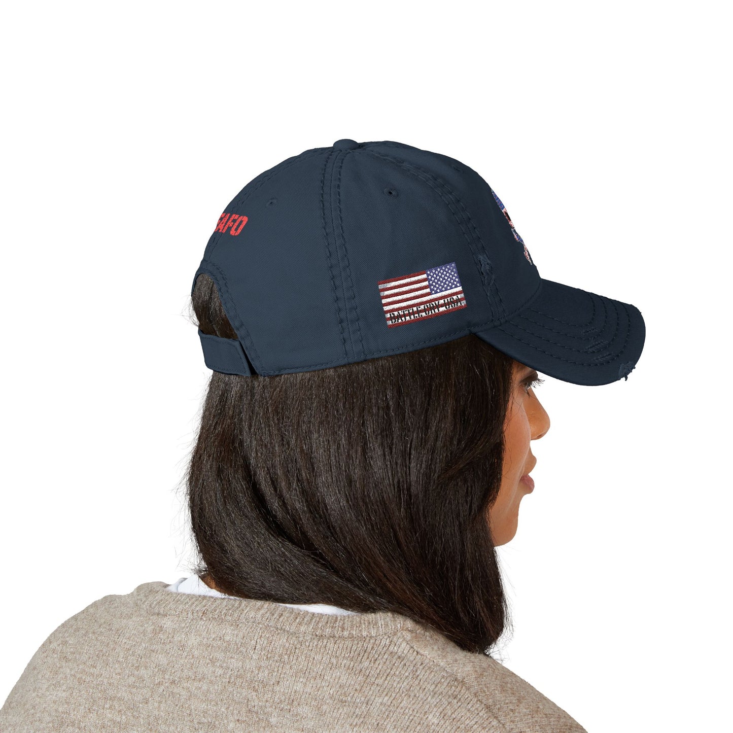 Distressed Embroidered Dad Hat — American Flag Skull Crossbones, and FAFO