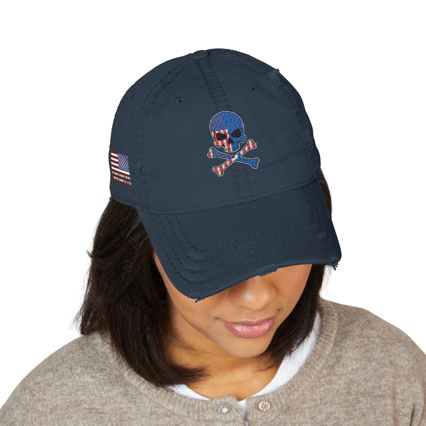 Distressed Embroidered Dad Hat — American Flag Skull Crossbones, and FAFO
