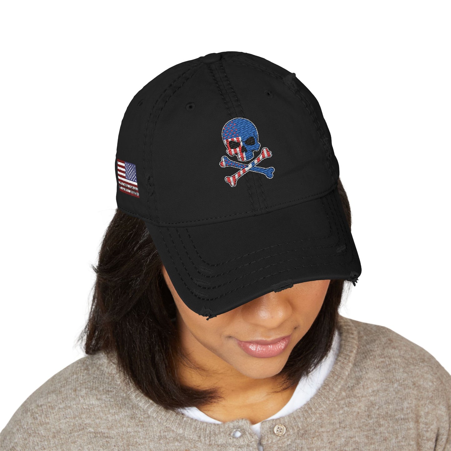 Distressed Embroidered Dad Hat — American Flag Skull Crossbones, and FAFO