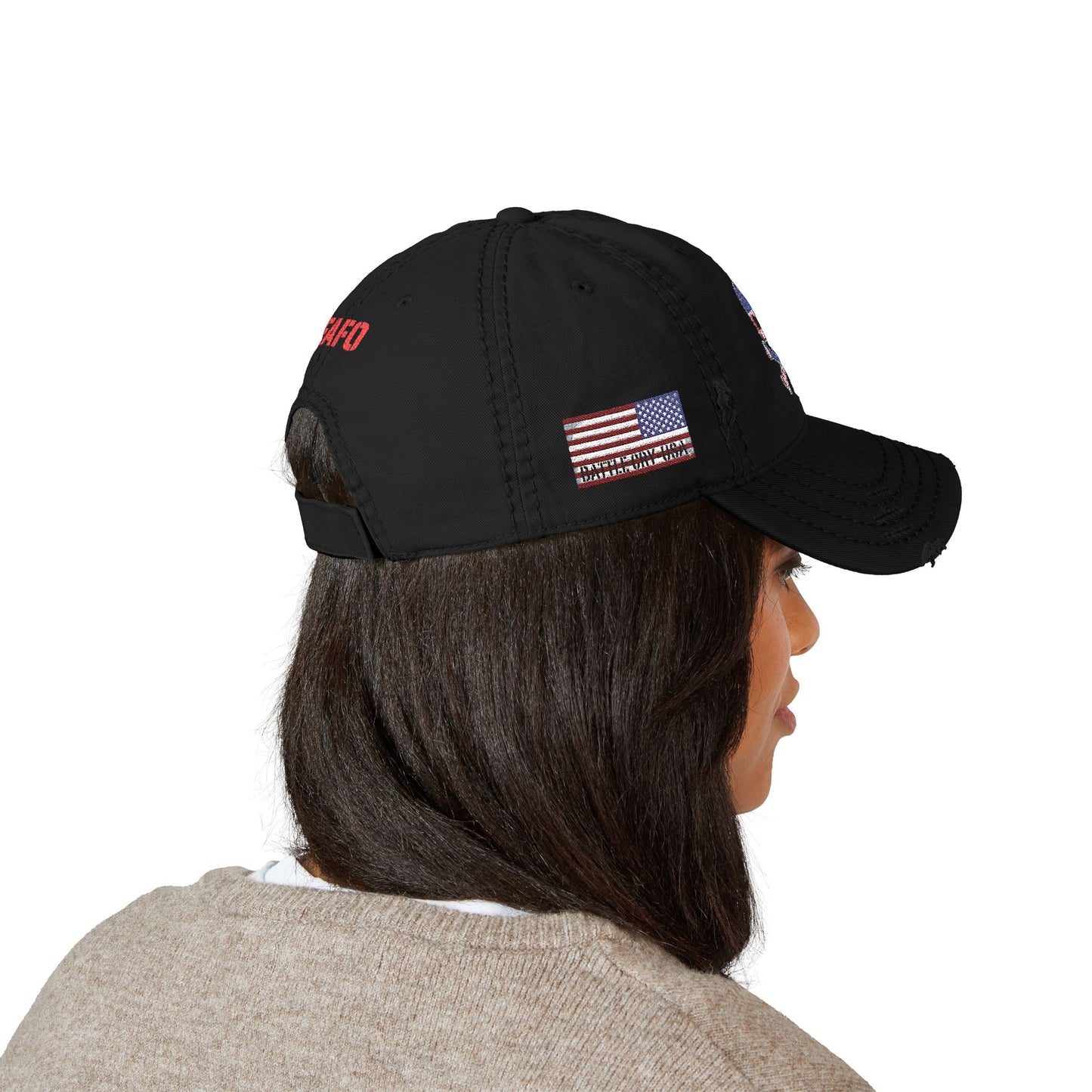 Distressed Embroidered Dad Hat — American Flag Skull Crossbones, and FAFO