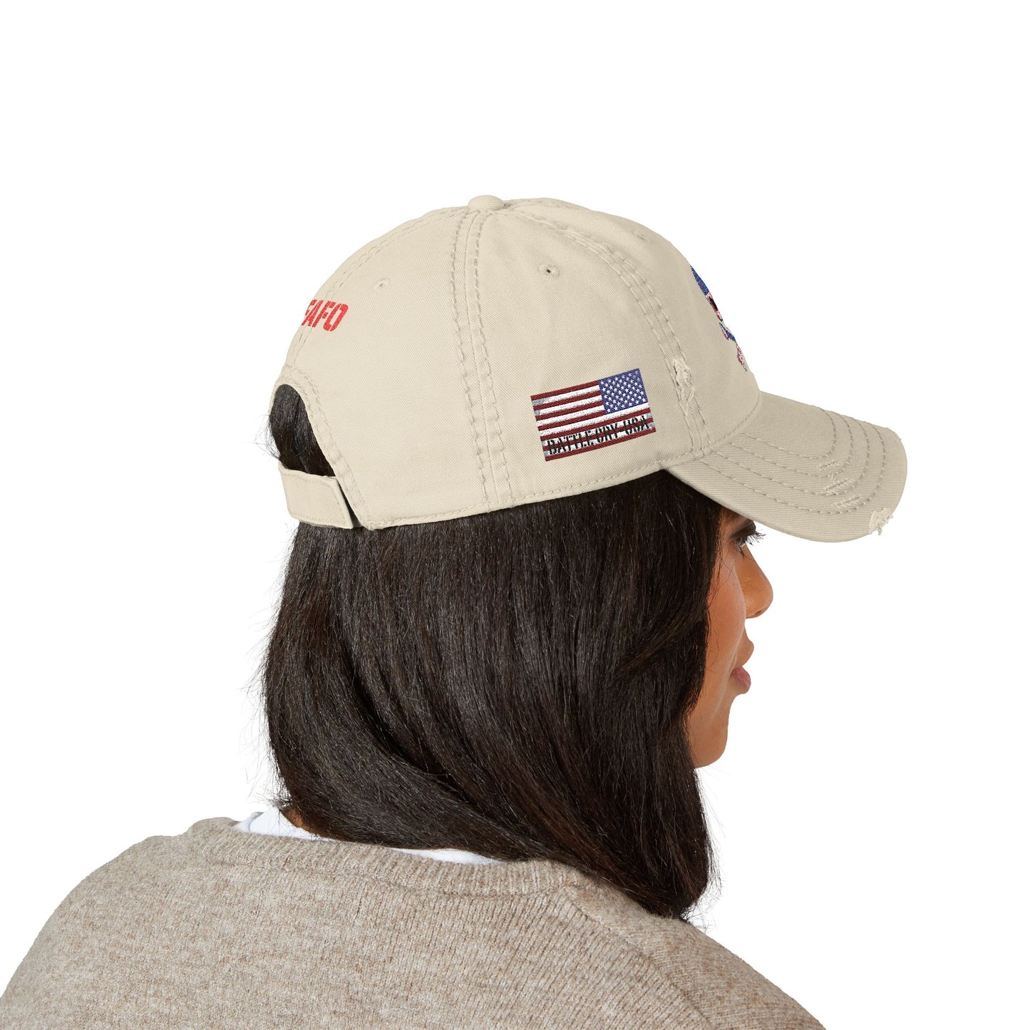 Distressed Embroidered Dad Hat — American Flag Skull Crossbones, and FAFO