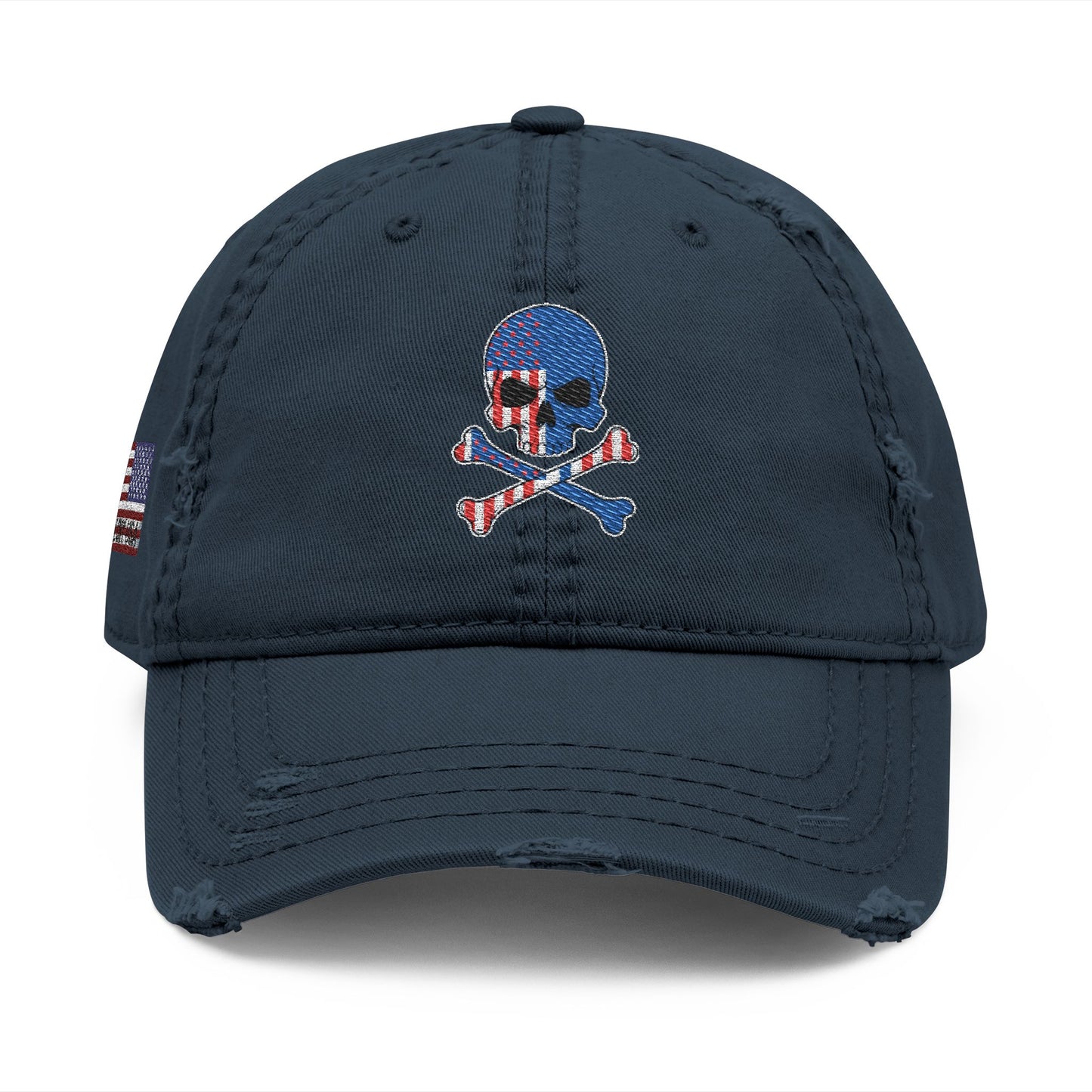 Distressed Embroidered Dad Hat — American Flag Skull Crossbones, and FAFO
