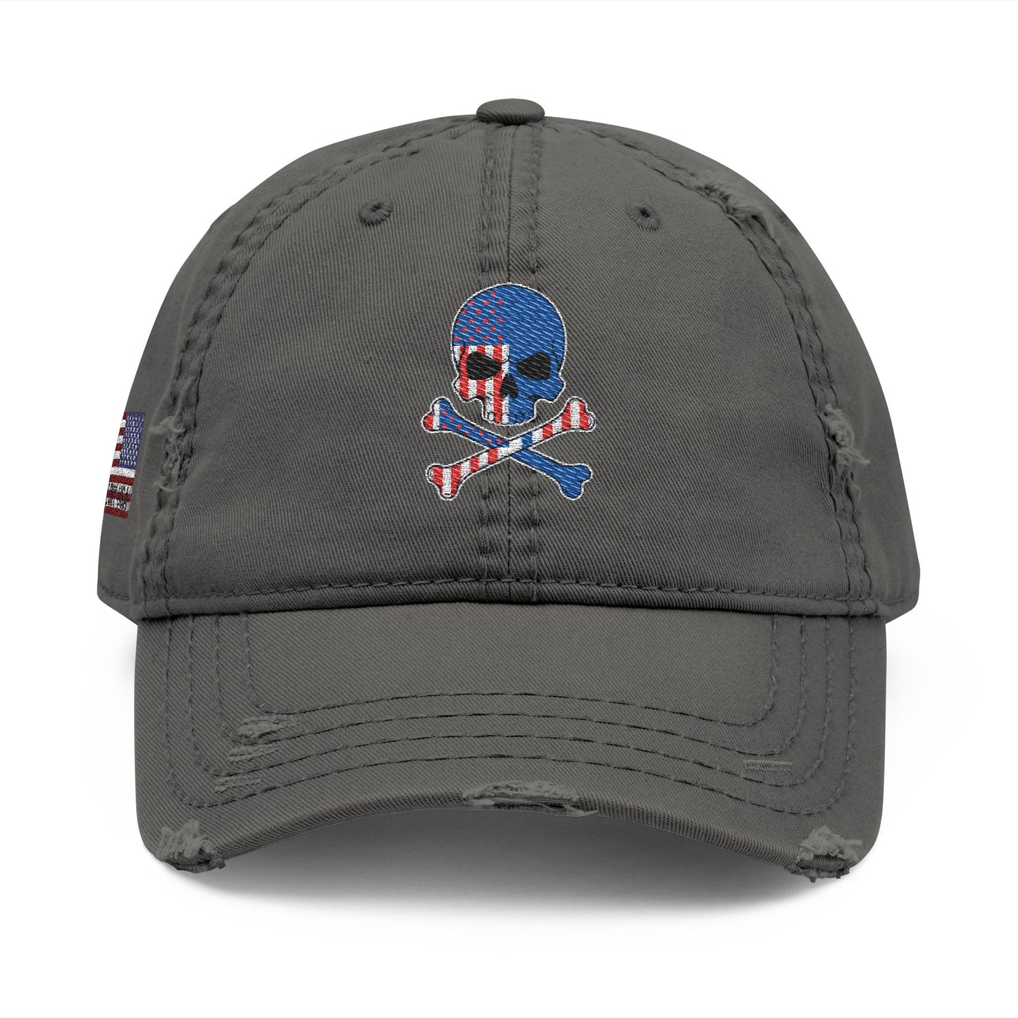 Distressed Embroidered Dad Hat — American Flag Skull Crossbones, and FAFO
