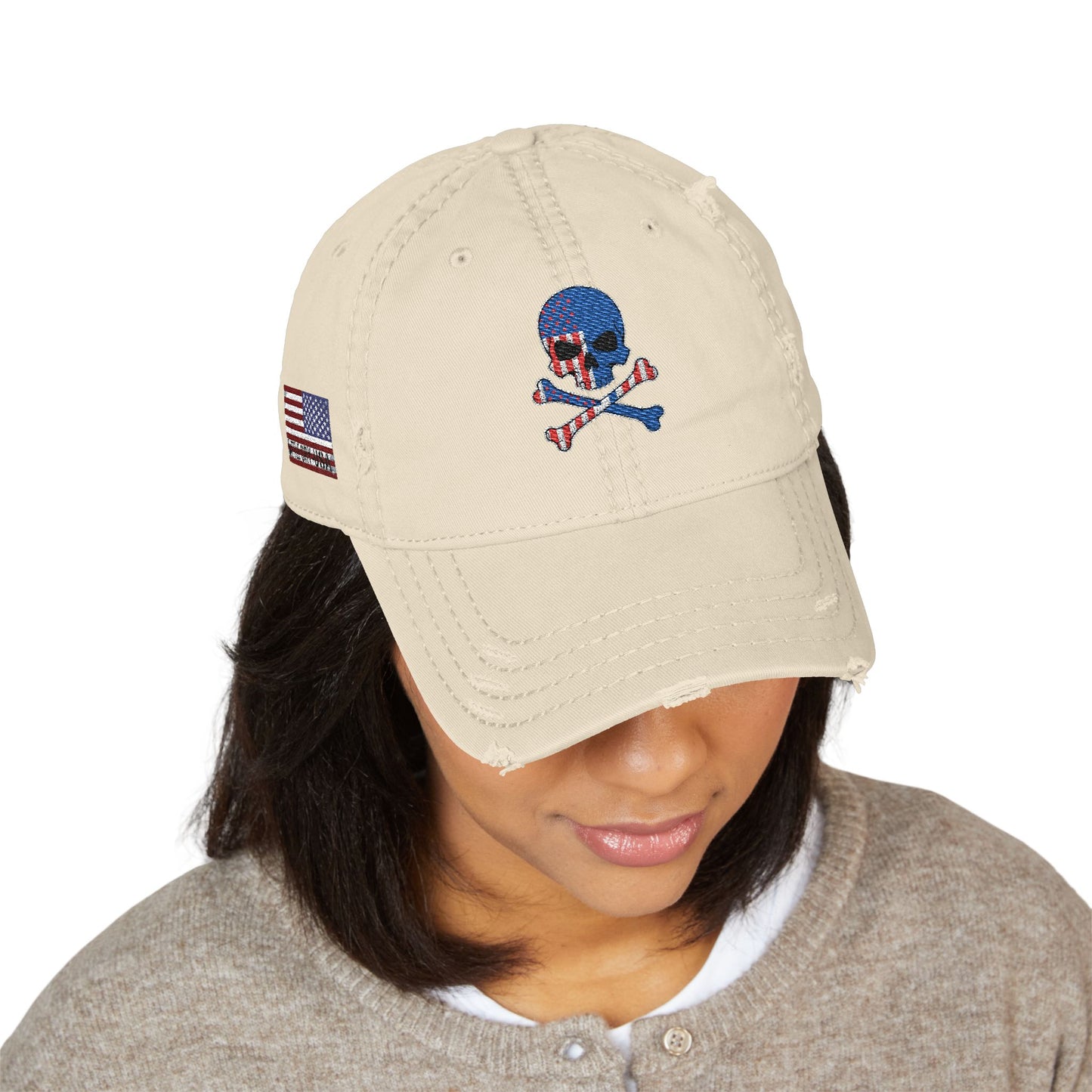 Distressed Embroidered Dad Hat — American Flag Skull Crossbones, and FAFO