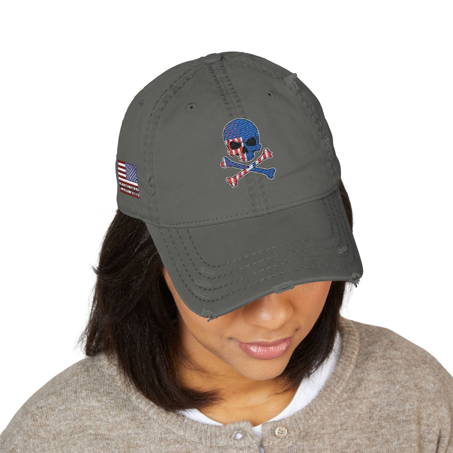 Distressed Embroidered Dad Hat — American Flag Skull Crossbones, and FAFO